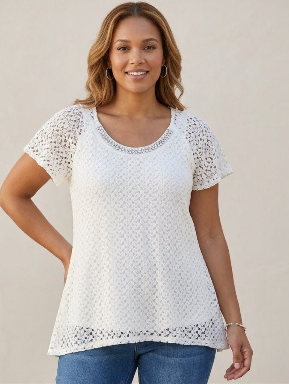 Brittany Black Fully Lined Lace Overlay Top With Rhinestone Trim